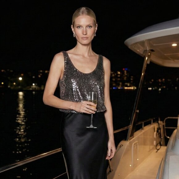 Sequin Tank Top Brown Silver Sequins Size M Party Holiday Top - Picture 2 of 12